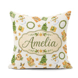 Custom Name Snowman Gifts Christmas Tree Wreath Seamless Pattern Square Filled Cushion Throw Pillow Sofa Bed Home Decor Zip Washable UK Made