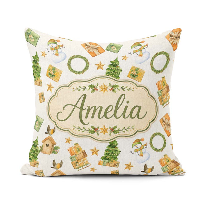 Custom Name Snowman Gifts Christmas Tree Wreath Seamless Pattern Square Filled Cushion Throw Pillow Sofa Bed Home Decor Zip Washable UK Made