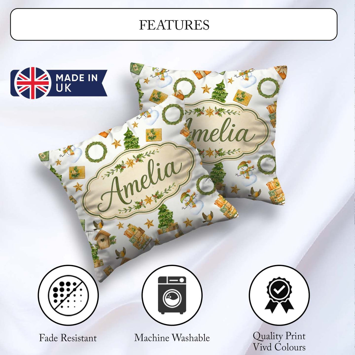 Custom Name Snowman Gifts Christmas Tree Wreath Seamless Pattern Square Filled Cushion Throw Pillow Sofa Bed Home Decor Zip Washable UK Made