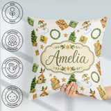 Custom Name Snowman Gifts Christmas Tree Wreath Seamless Pattern Square Filled Cushion Throw Pillow Sofa Bed Home Decor Zip Washable UK Made