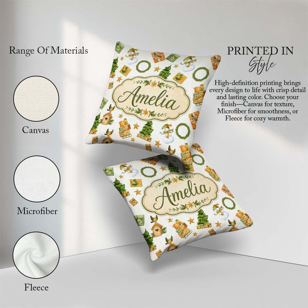 Custom Name Snowman Gifts Christmas Tree Wreath Seamless Pattern Square Filled Cushion Throw Pillow Sofa Bed Home Decor Zip Washable UK Made