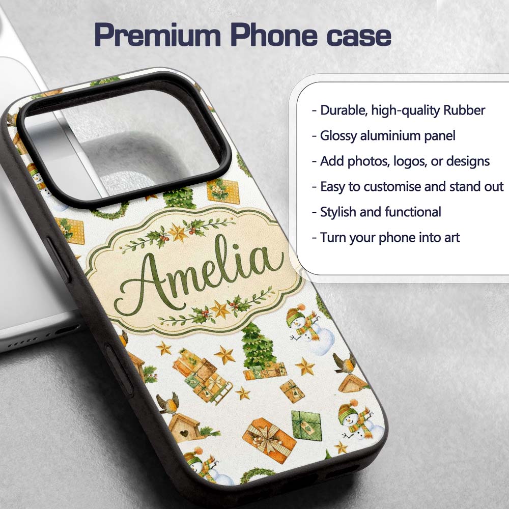 Cute Snowman Gifts Christmas Tree Wreath Robin Custom Name Protective Phone Case Mobile Cover Durable Everyday Smartphone Shock Resistant