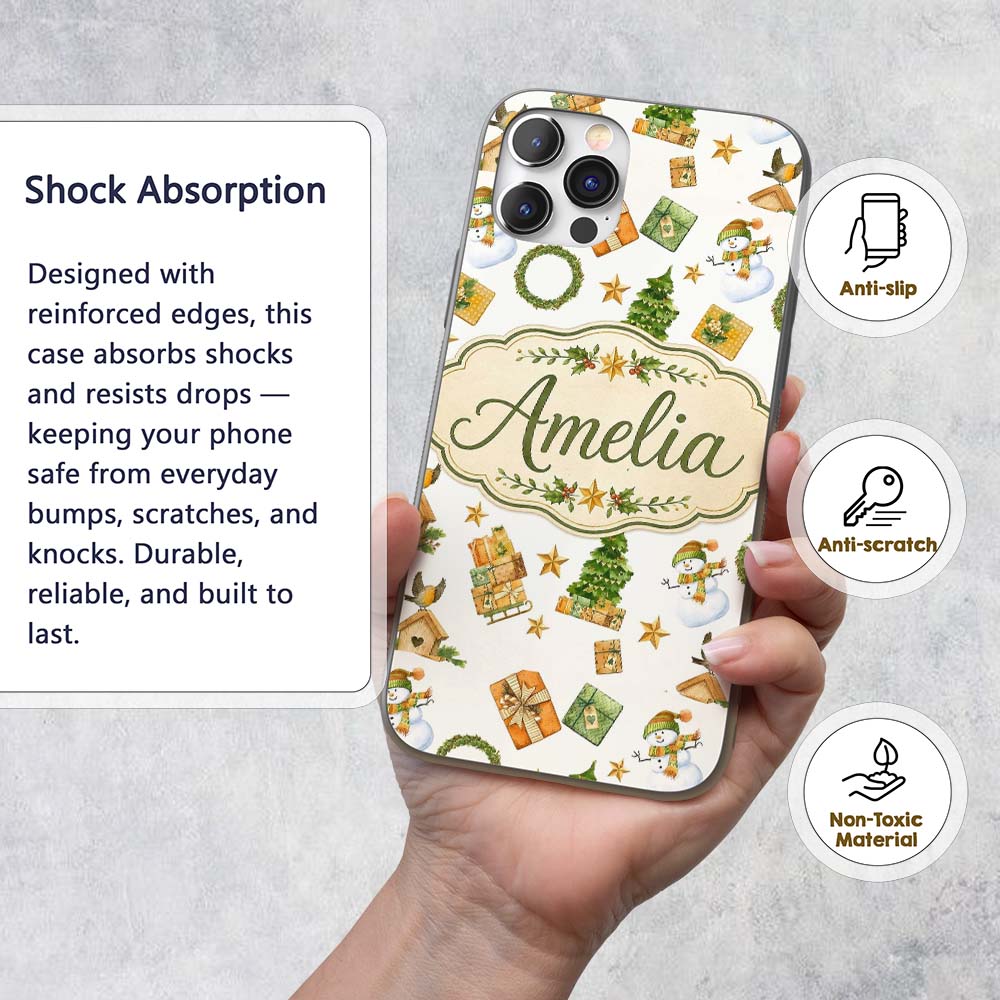 Cute Snowman Gifts Christmas Tree Wreath Robin Custom Name Protective Phone Case Mobile Cover Durable Everyday Smartphone Shock Resistant