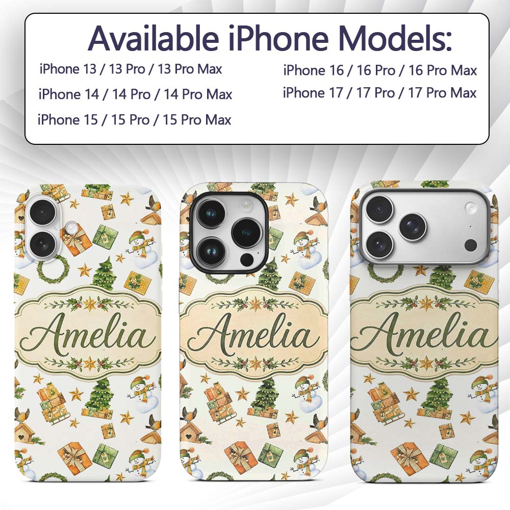 Cute Snowman Gifts Christmas Tree Wreath Robin Custom Name Protective Phone Case Mobile Cover Durable Everyday Smartphone Shock Resistant