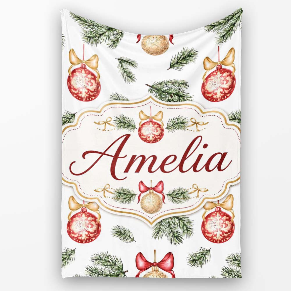 Elegant Red Gold Baubles Pine Branch Festive Seamless Pattern Lovely  Personalised Custom Name Super Soft Fleece Blanket Bed Sofa Throw