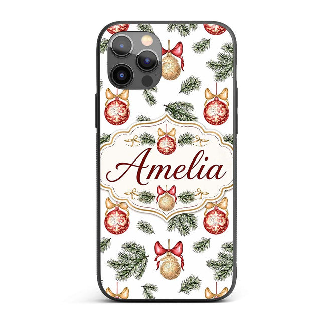 Elegant Red Gold Baubles Pine Branch Festive Custom Name Protective Phone Case Mobile Cover Durable Everyday Smartphone Shock Resistant