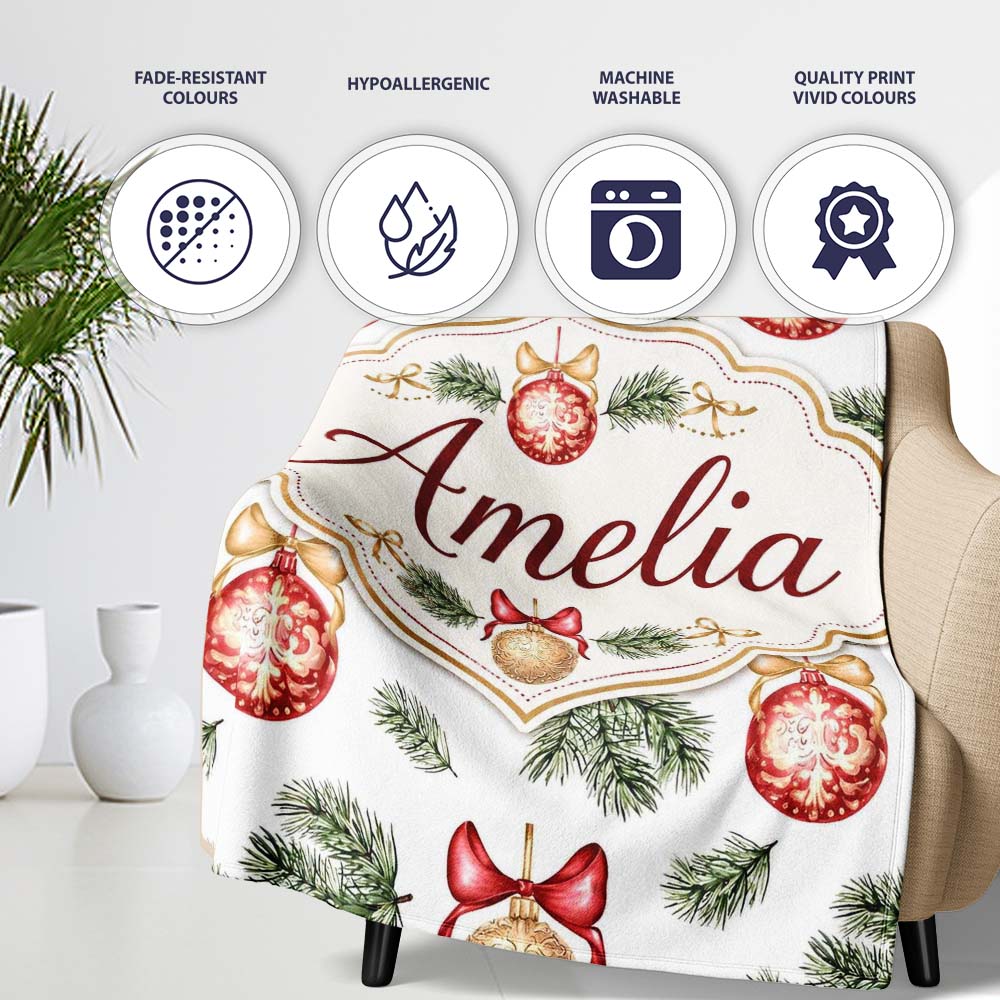Elegant Red Gold Baubles Pine Branch Festive Seamless Pattern Lovely  Personalised Custom Name Super Soft Fleece Blanket Bed Sofa Throw