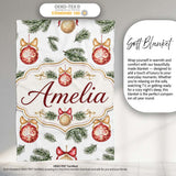 Elegant Red Gold Baubles Pine Branch Festive Seamless Pattern Lovely  Personalised Custom Name Super Soft Fleece Blanket Bed Sofa Throw