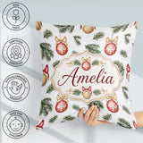Custom Name Elegant Red Gold Baubles Pine Branch Festive Pattern Square Filled Cushion Throw Pillow Sofa Bed Home Decor Zip Washable UK Made