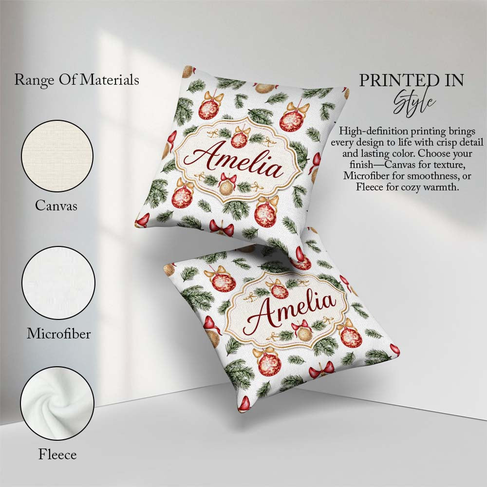 Custom Name Elegant Red Gold Baubles Pine Branch Festive Pattern Square Filled Cushion Throw Pillow Sofa Bed Home Decor Zip Washable UK Made