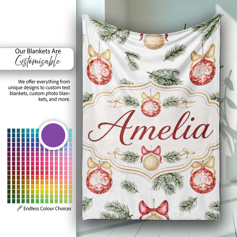 Elegant Red Gold Baubles Pine Branch Festive Seamless Pattern Lovely  Personalised Custom Name Super Soft Fleece Blanket Bed Sofa Throw