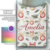 Elegant Red Gold Baubles Pine Branch Festive Seamless Pattern Lovely  Personalised Custom Name Super Soft Fleece Blanket Bed Sofa Throw