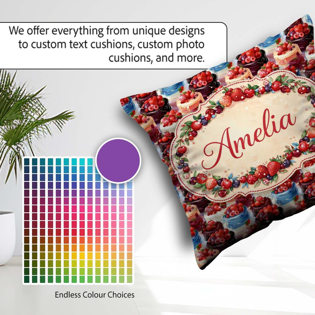 Custom Name Strawberry Cream Cake Seamless Pattern Dessert Sweet Square Filled Cushion Throw Pillow Sofa Bed Home Decor Zip Washable UK Made