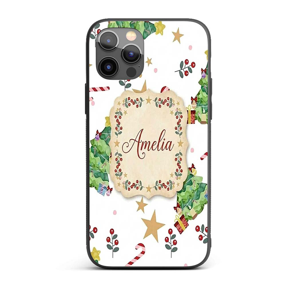 Watercolor Christmas Tree Candy Cane Stars Cute Custom Name Protective Phone Case Mobile Cover Durable Everyday Smartphone Shock Resistant