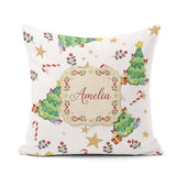 Custom Name Watercolor Christmas Tree Candy Cane Stars Seamless Square Filled Cushion Throw Pillow Sofa Bed Home Decor Zip Washable UK Made