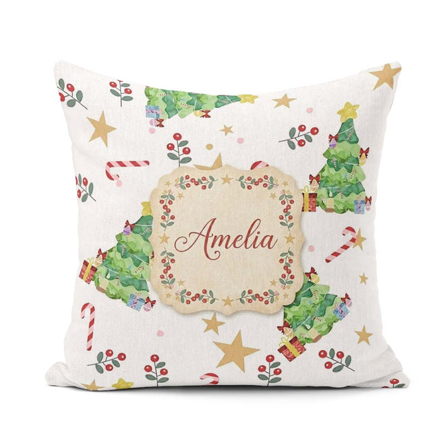 Custom Name Watercolor Christmas Tree Candy Cane Stars Seamless Square Filled Cushion Throw Pillow Sofa Bed Home Decor Zip Washable UK Made