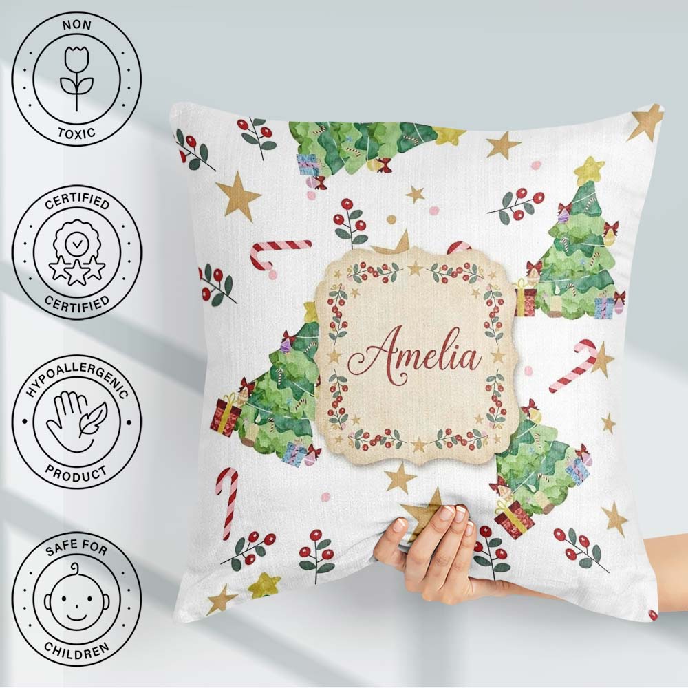 Custom Name Watercolor Christmas Tree Candy Cane Stars Seamless Square Filled Cushion Throw Pillow Sofa Bed Home Decor Zip Washable UK Made
