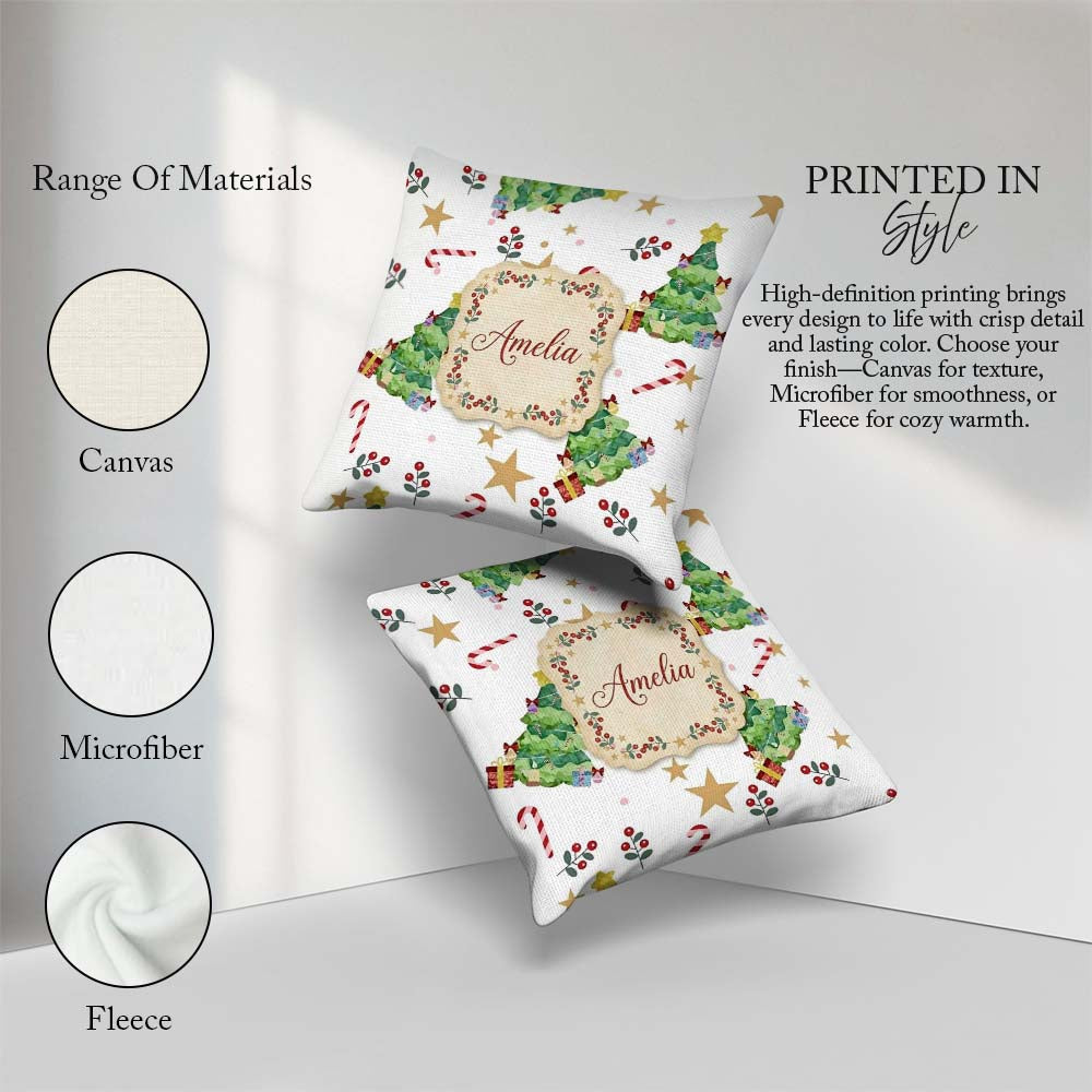 Custom Name Watercolor Christmas Tree Candy Cane Stars Seamless Square Filled Cushion Throw Pillow Sofa Bed Home Decor Zip Washable UK Made