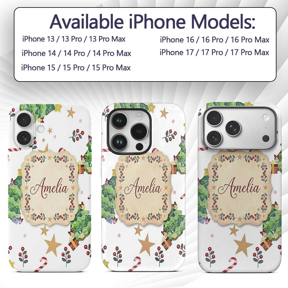 Watercolor Christmas Tree Candy Cane Stars Cute Custom Name Protective Phone Case Mobile Cover Durable Everyday Smartphone Shock Resistant