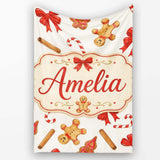 Gingerbread Cookies Candy Cane Red Bow Sweet Seamless Pattern Lovely  Personalised Custom Name Super Soft Fleece Blanket Bed Sofa Throw