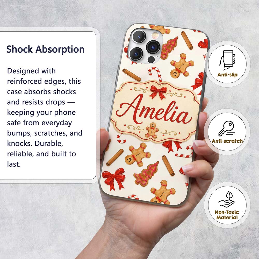 Gingerbread Cookies Candy Cane Red Bow Sweet Custom Name Protective Phone Case Mobile Cover Durable Everyday Smartphone Shock Resistant