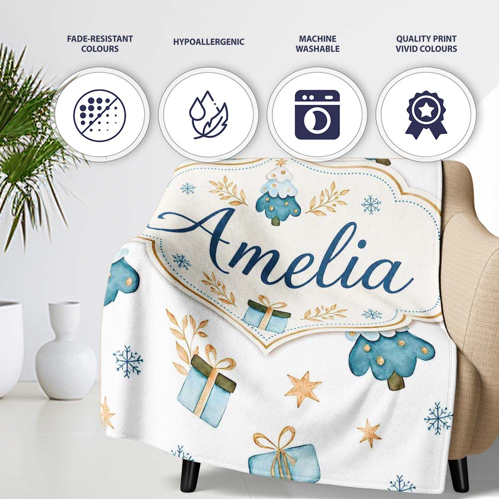 Soft Blue Christmas Tree Gift Snowflake Cute Seamless Pattern Lovely  Personalised Custom Name Super Soft Fleece Blanket Bed Sofa Throw