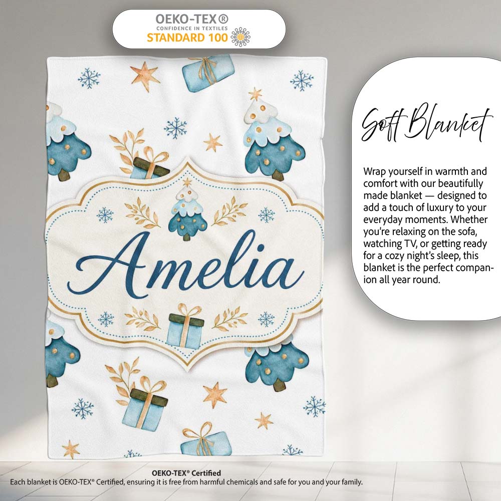 Soft Blue Christmas Tree Gift Snowflake Cute Seamless Pattern Lovely  Personalised Custom Name Super Soft Fleece Blanket Bed Sofa Throw