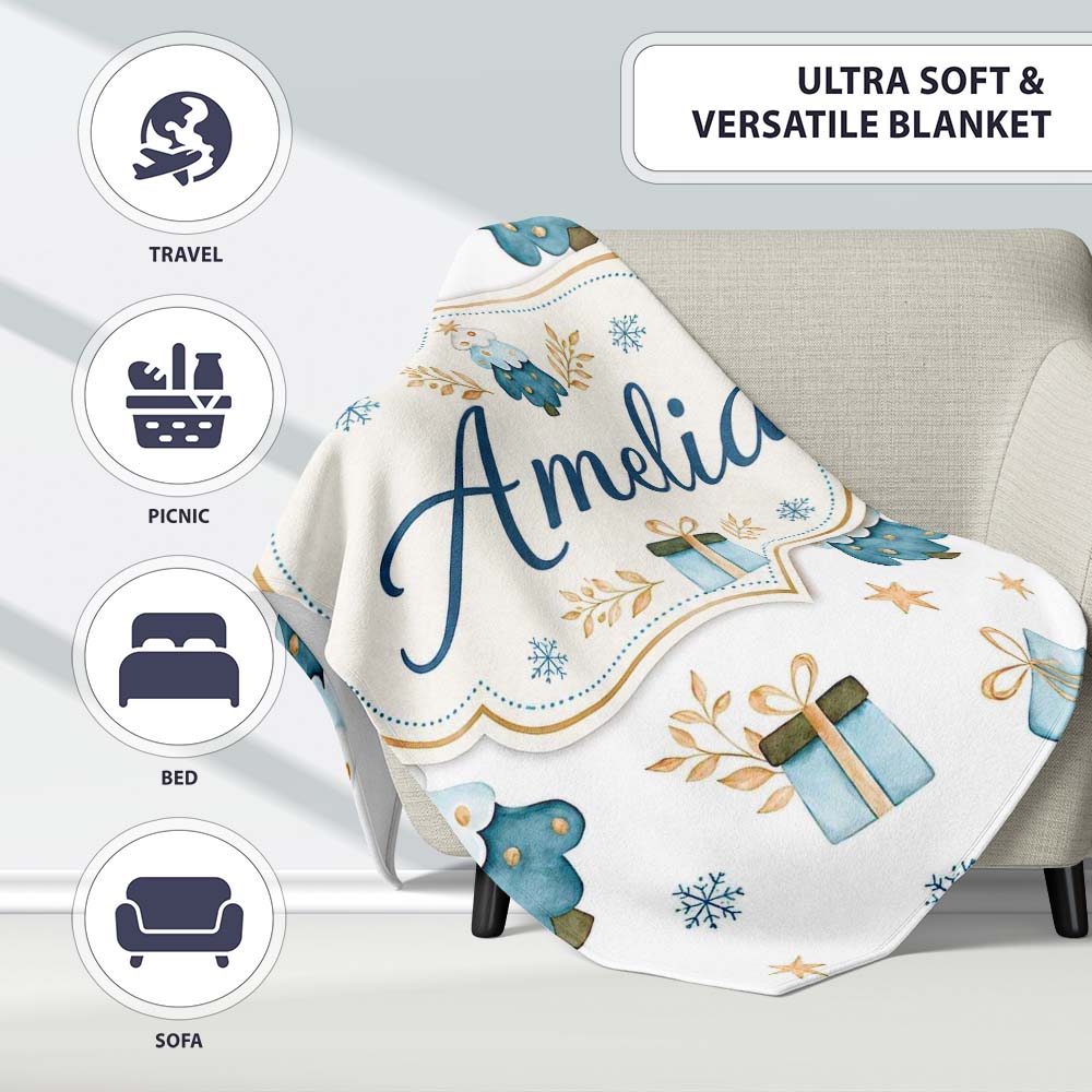 Soft Blue Christmas Tree Gift Snowflake Cute Seamless Pattern Lovely  Personalised Custom Name Super Soft Fleece Blanket Bed Sofa Throw