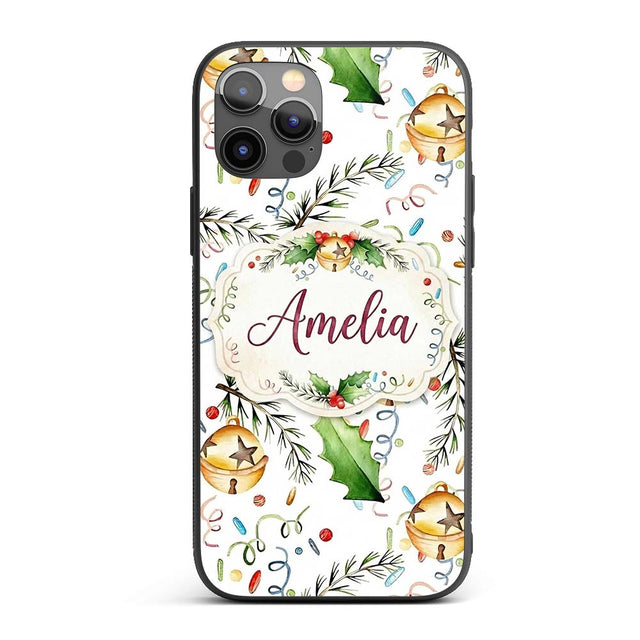 Festive Holly Leaves Bells Pine Branch Confetti Custom Name Protective Phone Case Mobile Cover Durable Everyday Smartphone Shock Resistant