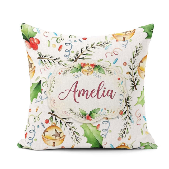 Custom Name Festive Holly Leaves Bells Confetti Seamless Pattern Square Filled Cushion Throw Pillow Sofa Bed Home Decor Zip Washable UK Made