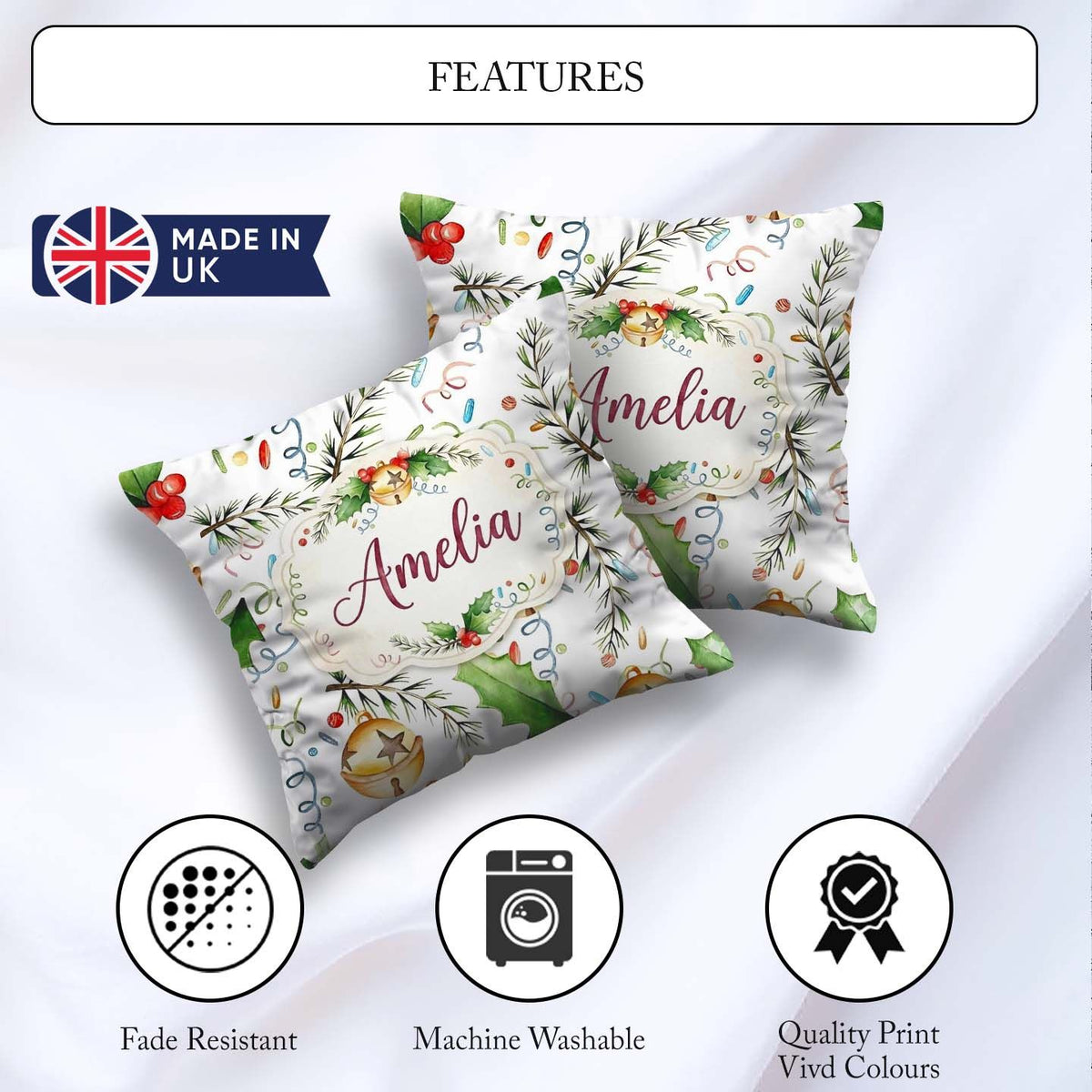 Custom Name Festive Holly Leaves Bells Confetti Seamless Pattern Square Filled Cushion Throw Pillow Sofa Bed Home Decor Zip Washable UK Made