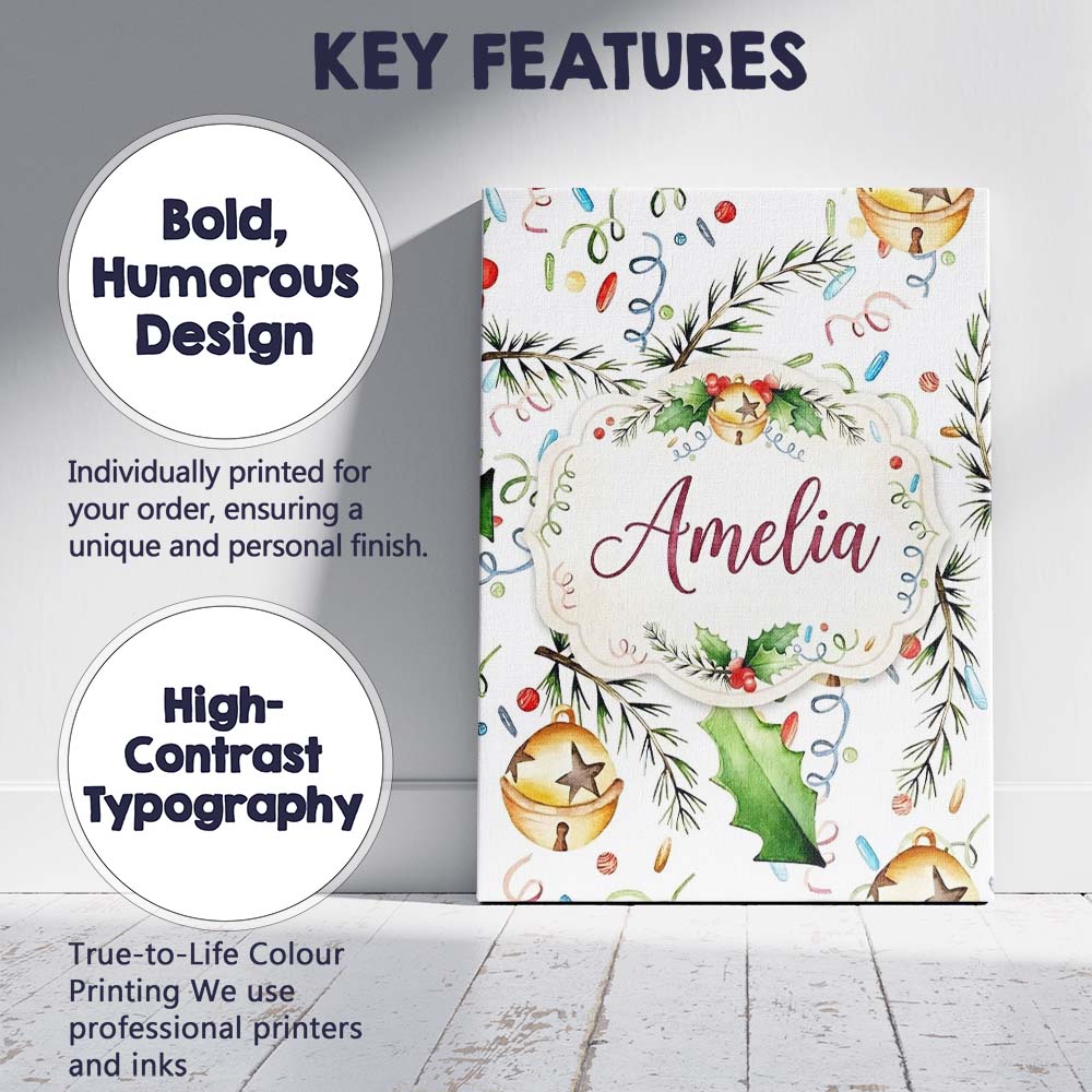 Personalised Name Festive Holly Leaves Custom  Modern Room Accent Elegant Feature Canvas Wall Art Print Decor Picture Ready to Hang