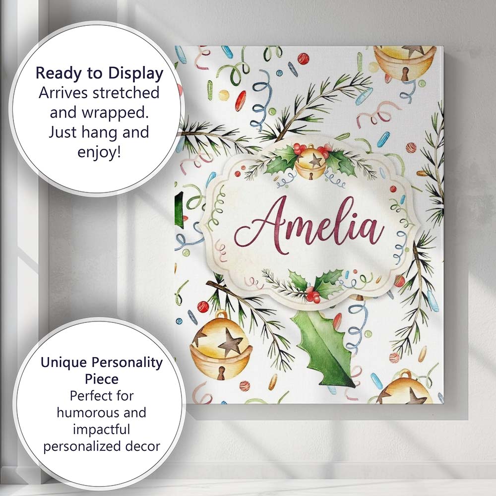 Personalised Name Festive Holly Leaves Custom  Modern Room Accent Elegant Feature Canvas Wall Art Print Decor Picture Ready to Hang