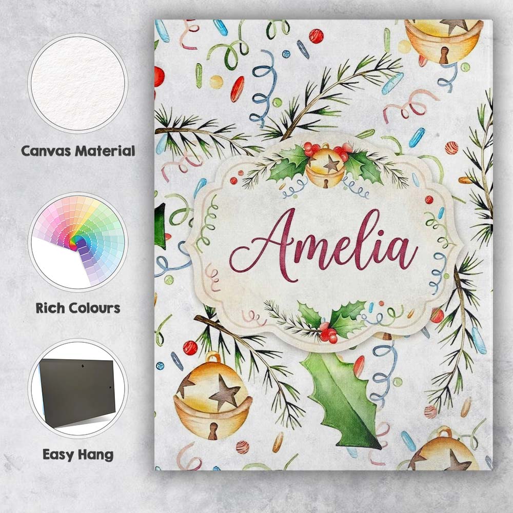 Personalised Name Festive Holly Leaves Custom  Modern Room Accent Elegant Feature Canvas Wall Art Print Decor Picture Ready to Hang