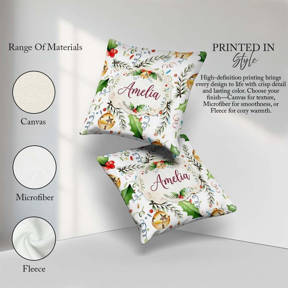 Custom Name Festive Holly Leaves Bells Confetti Seamless Pattern Square Filled Cushion Throw Pillow Sofa Bed Home Decor Zip Washable UK Made