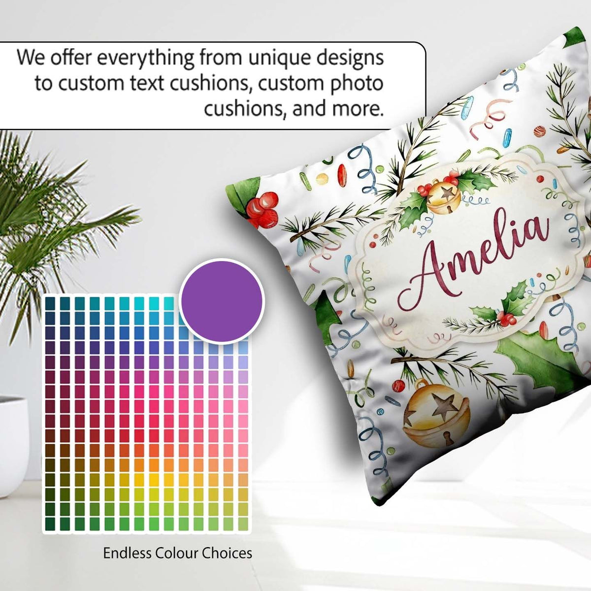 Custom Name Festive Holly Leaves Bells Confetti Seamless Pattern Square Filled Cushion Throw Pillow Sofa Bed Home Decor Zip Washable UK Made