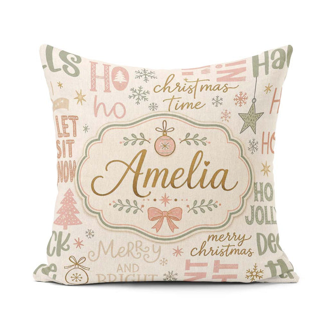 Custom Name Christmas Typography Holiday Pastel Seamless Pattern Square Filled Cushion Throw Pillow Sofa Bed Home Decor Zip Washable UK Made