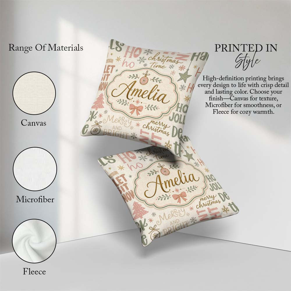 Custom Name Christmas Typography Holiday Pastel Seamless Pattern Square Filled Cushion Throw Pillow Sofa Bed Home Decor Zip Washable UK Made