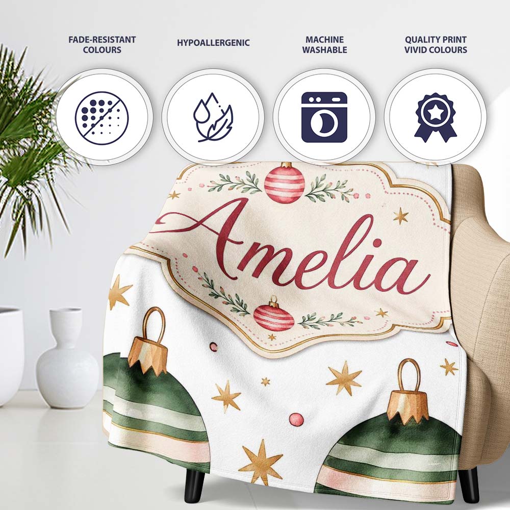 Minimal Red Green Baubles Stars Elegant Seamless Pattern Lovely  Personalised Custom Name Super Soft Fleece Blanket Bed Sofa Throw