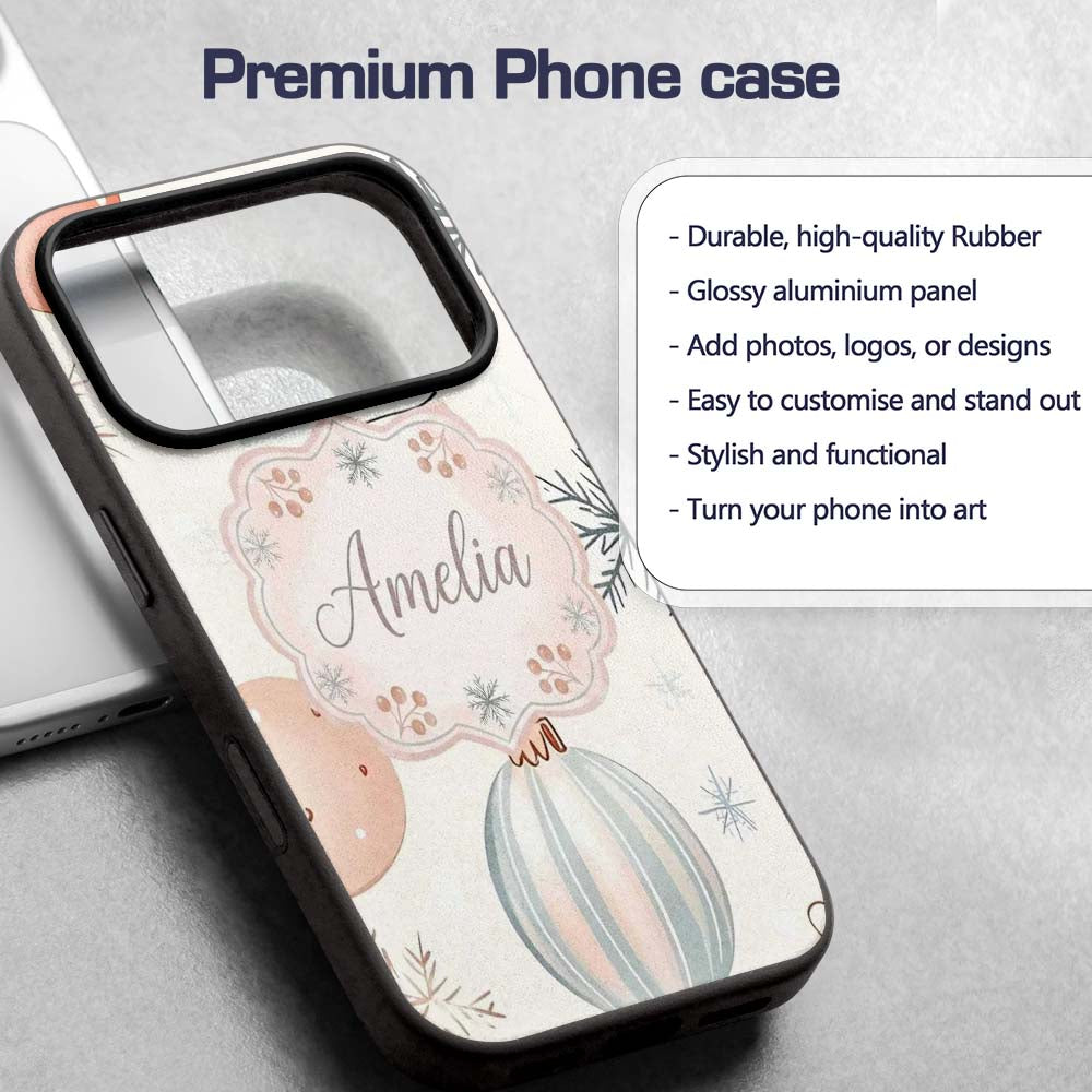 Pastel Christmas Baubles Snowflakes Elegant Printed Design Custom Name Protective Phone Case Mobile Cover Durable Smartphone Shock Resistant