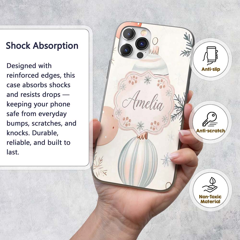 Pastel Christmas Baubles Snowflakes Elegant Printed Design Custom Name Protective Phone Case Mobile Cover Durable Smartphone Shock Resistant
