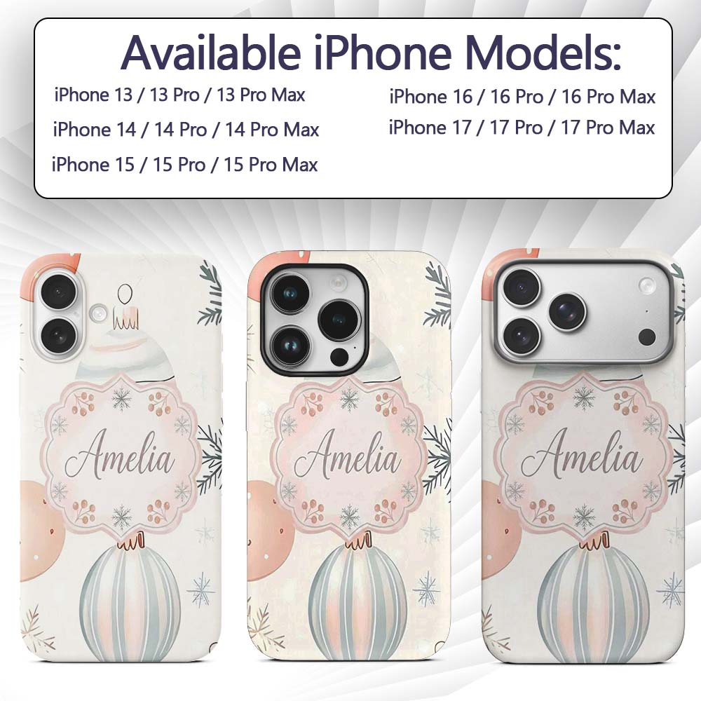 Pastel Christmas Baubles Snowflakes Elegant Printed Design Custom Name Protective Phone Case Mobile Cover Durable Smartphone Shock Resistant