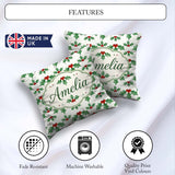 Custom Name Classic Leaves Red Berries Festive Seamless Pattern Square Filled Cushion Throw Pillow Sofa Bed Home Decor Zip Washable UK Made