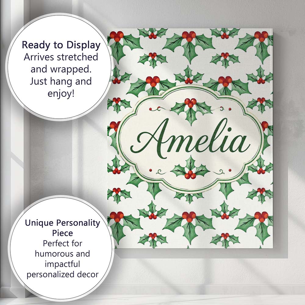 Personalised Name Classic Holly Leaves Red Custom  Unique Gift Idea Elegant Feature Canvas Wall Art Print Decor Picture Ready to Hang