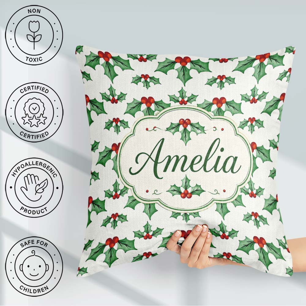 Custom Name Classic Leaves Red Berries Festive Seamless Pattern Square Filled Cushion Throw Pillow Sofa Bed Home Decor Zip Washable UK Made