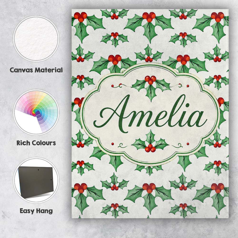 Personalised Name Classic Holly Leaves Red Custom  Unique Gift Idea Elegant Feature Canvas Wall Art Print Decor Picture Ready to Hang