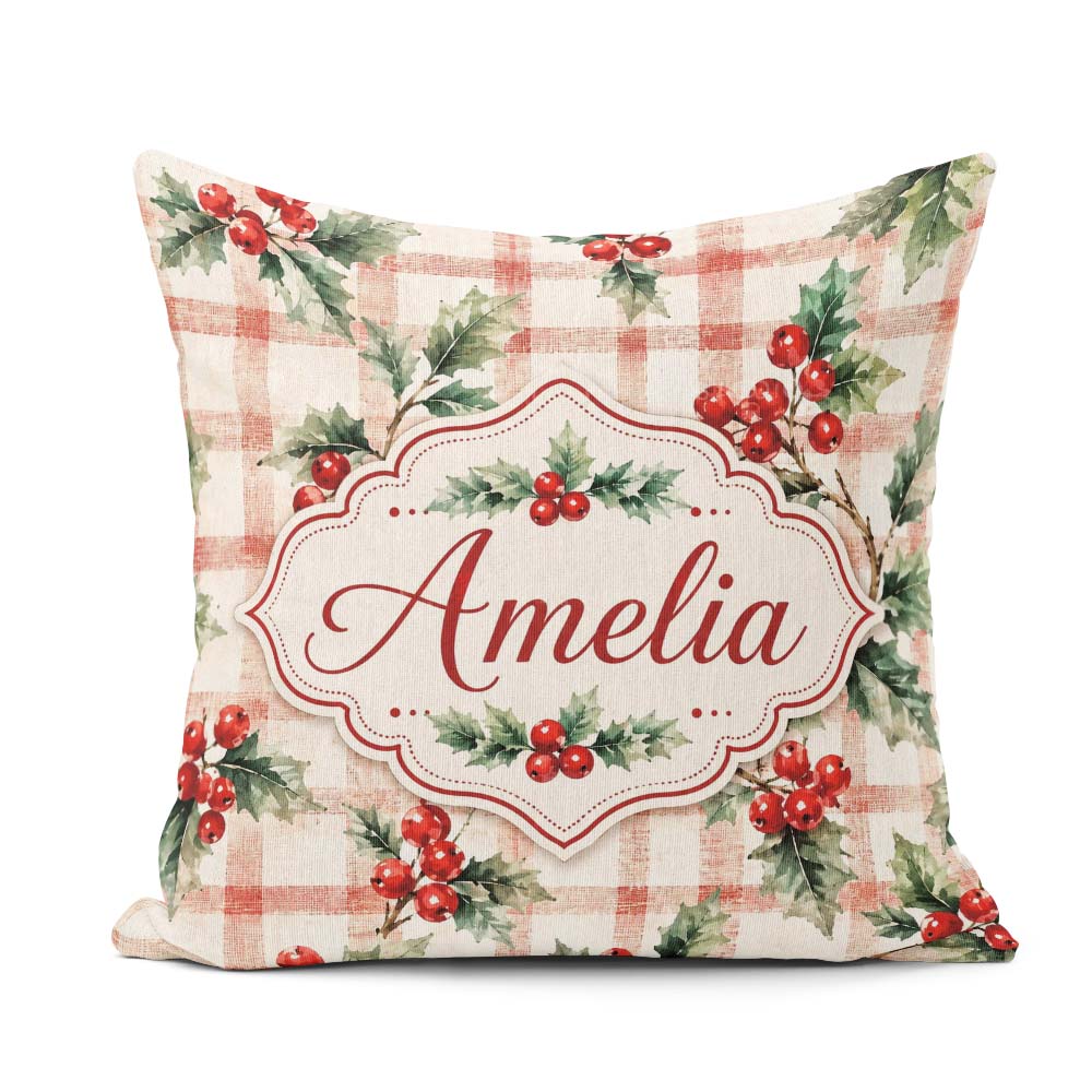 Custom Name Watercolor Holly Berry Plaid Seamless Pattern Lovely Square Filled Cushion Throw Pillow Sofa Bed Home Decor Zip Washable UK Made