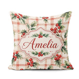 Custom Name Watercolor Holly Berry Plaid Seamless Pattern Lovely Square Filled Cushion Throw Pillow Sofa Bed Home Decor Zip Washable UK Made