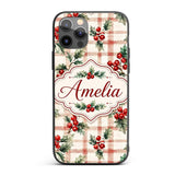 Watercolor Holly Berry Plaid Background Seamless Custom Name Protective Phone Case Mobile Cover Durable Everyday Smartphone Shock Resistant