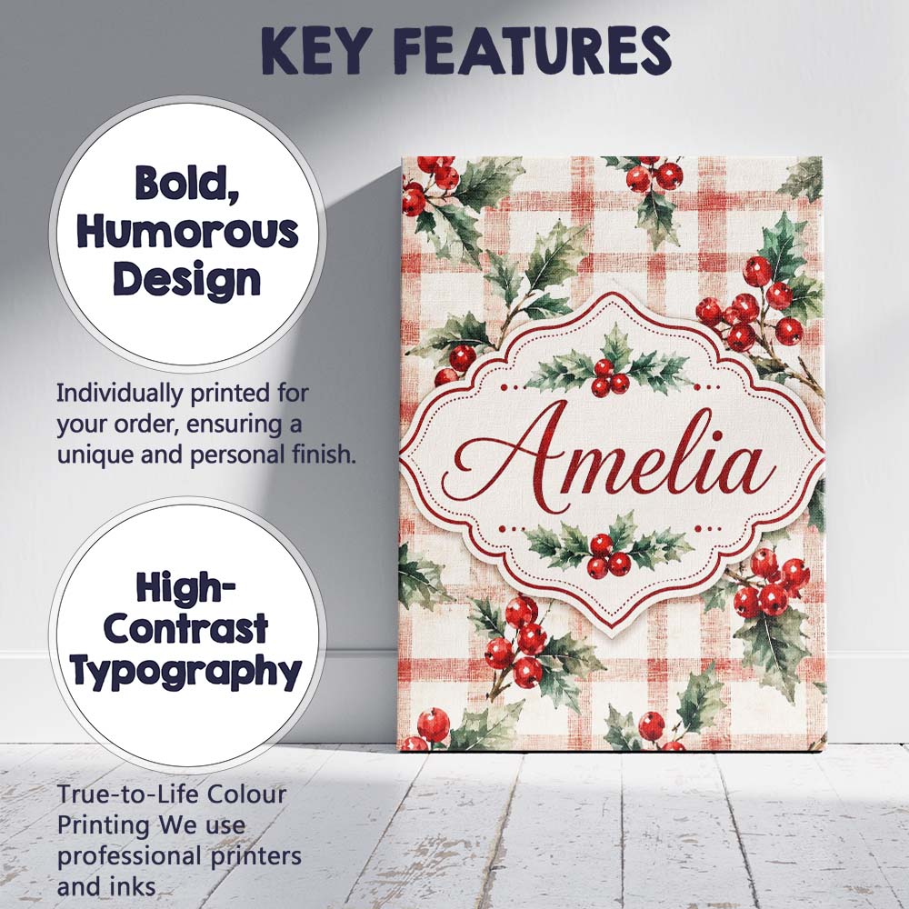 Personalised Name Watercolor Holly Berry Custom  Unique Gift Idea Elegant Feature Canvas Wall Art Print Decor Picture Ready to Hang